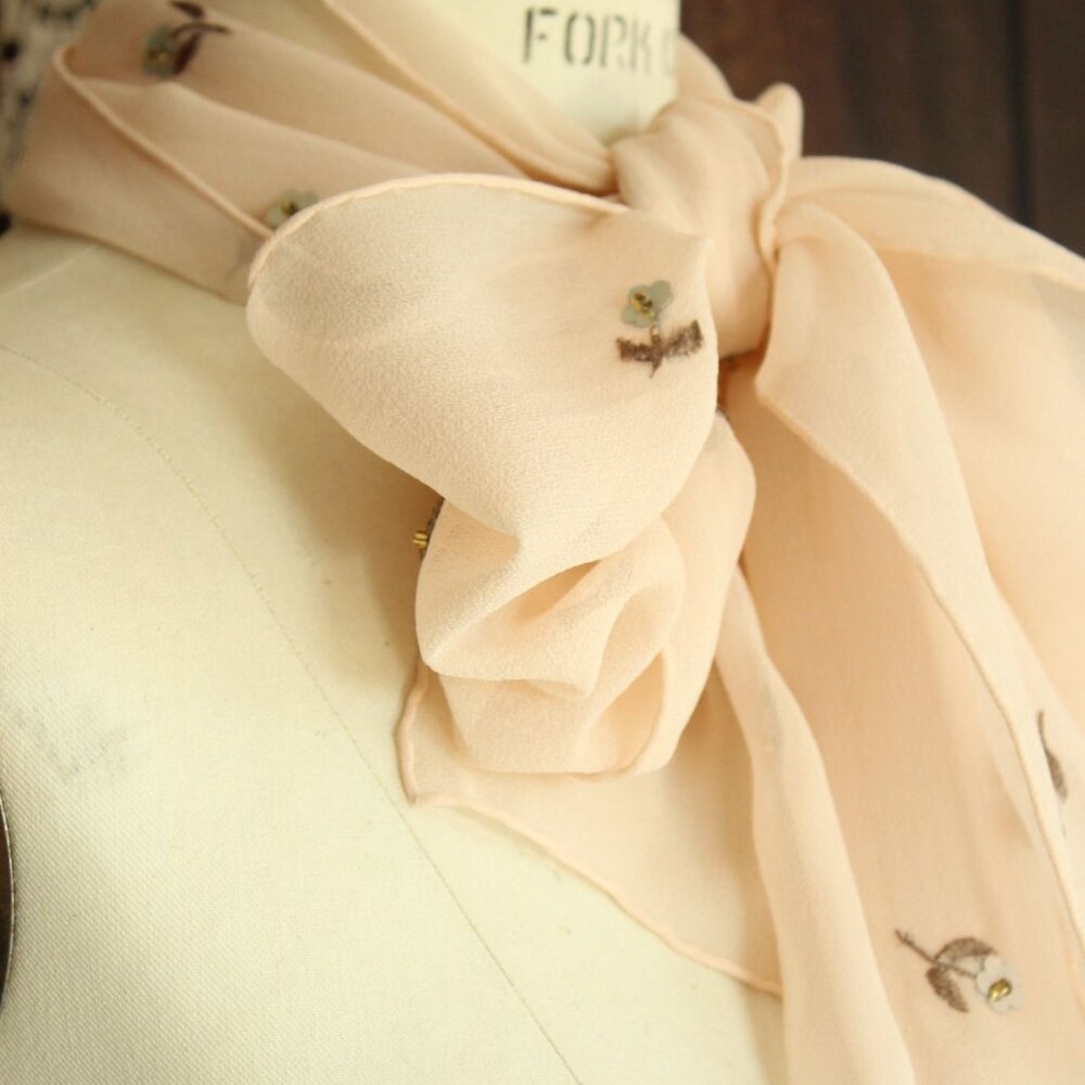 Echo Womens Scarf, Pink Silk Chiffon with Embroidered and Sequin Flowers - Picture 11 of 14